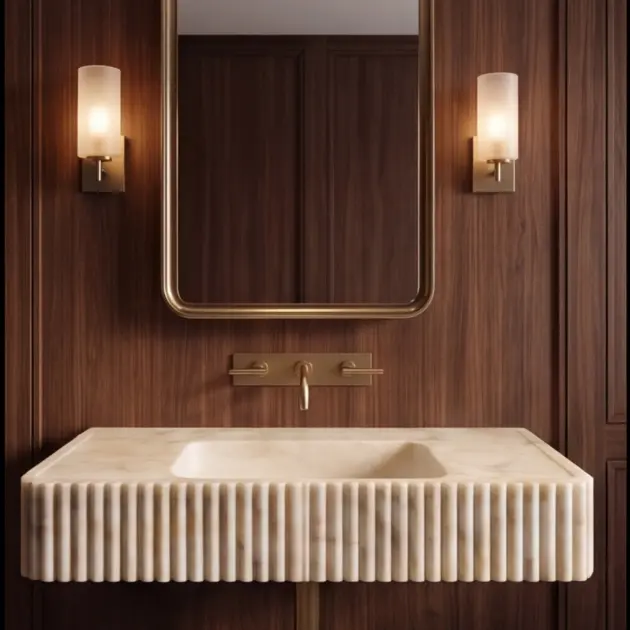 Fluted Calacatta Marble Floating Vanity Sink
