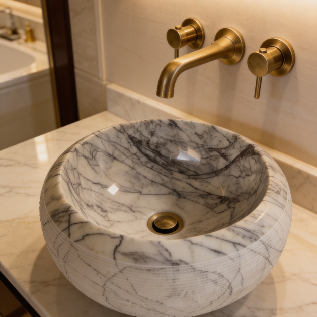 Calacatta Lilac Round Marble Vessel Sink