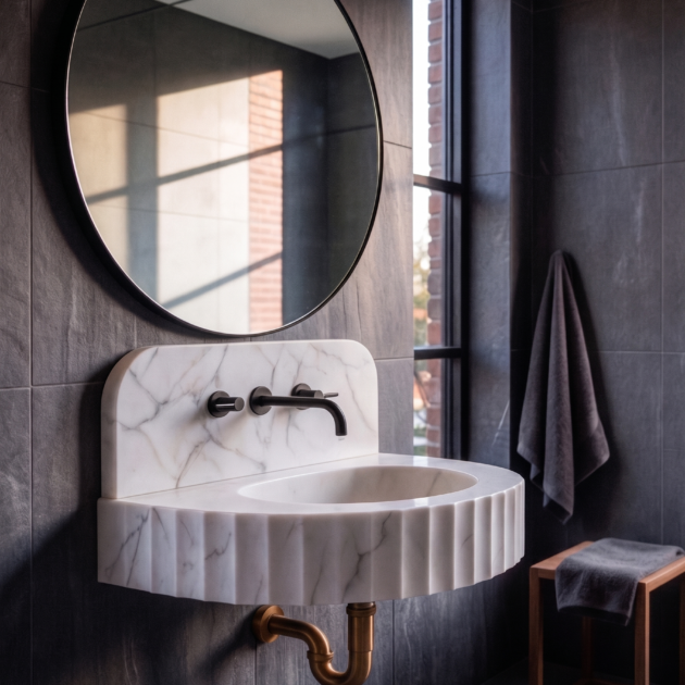 Calacatta White Fluted Marble Wall Mounted Sink